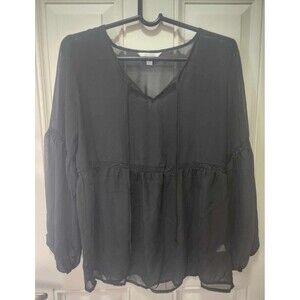 Sheer Blouse Tie-Neck Long Sleeve Black Top Women's Size Medium